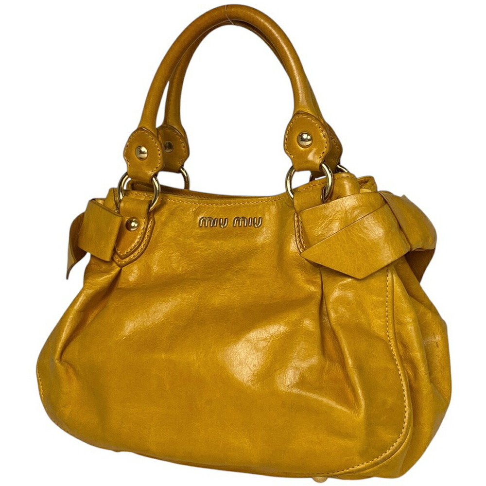 Miu Miu Logo Handbag Rion Motif Leather Yellow